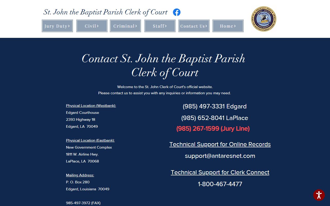 St. John the Baptist Parish Clerk of Court contact page with court office phone numbers and hours