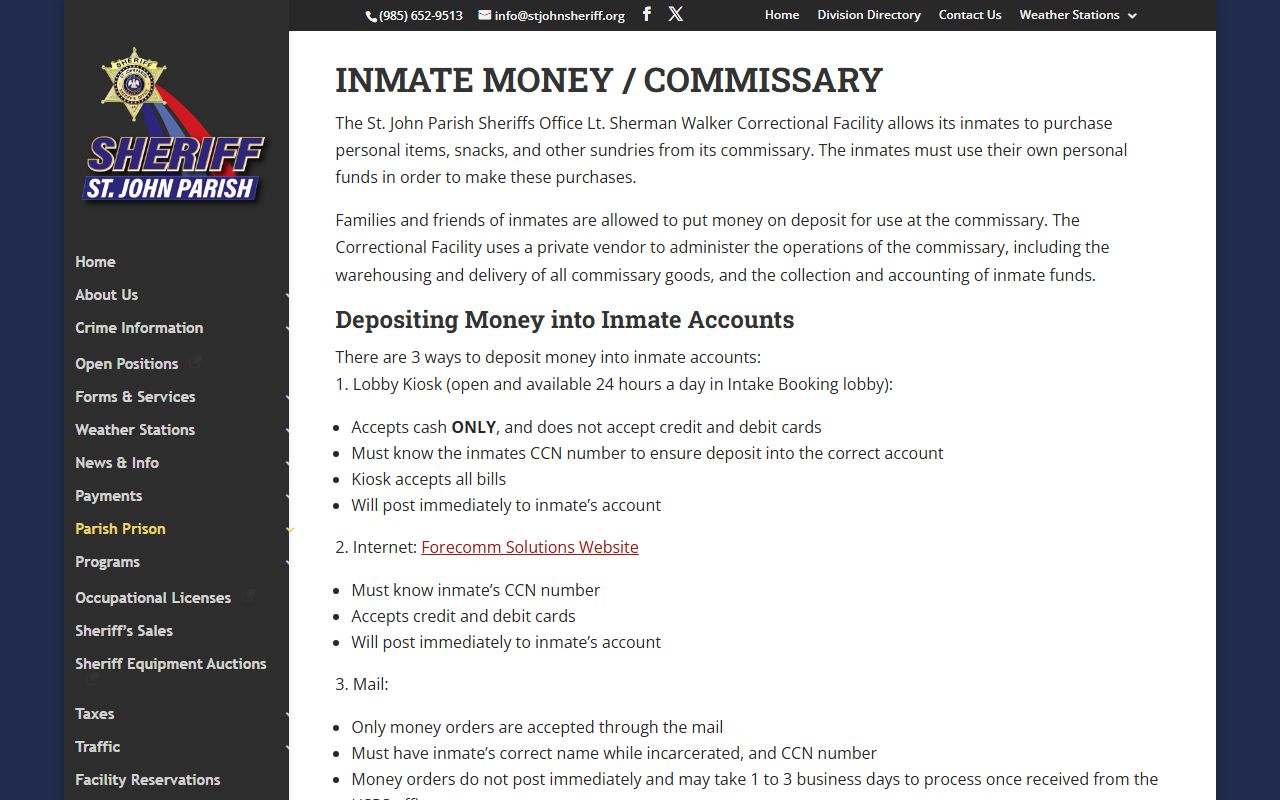 St. John Parish Sheriff's Office inmate money and commissary instructions