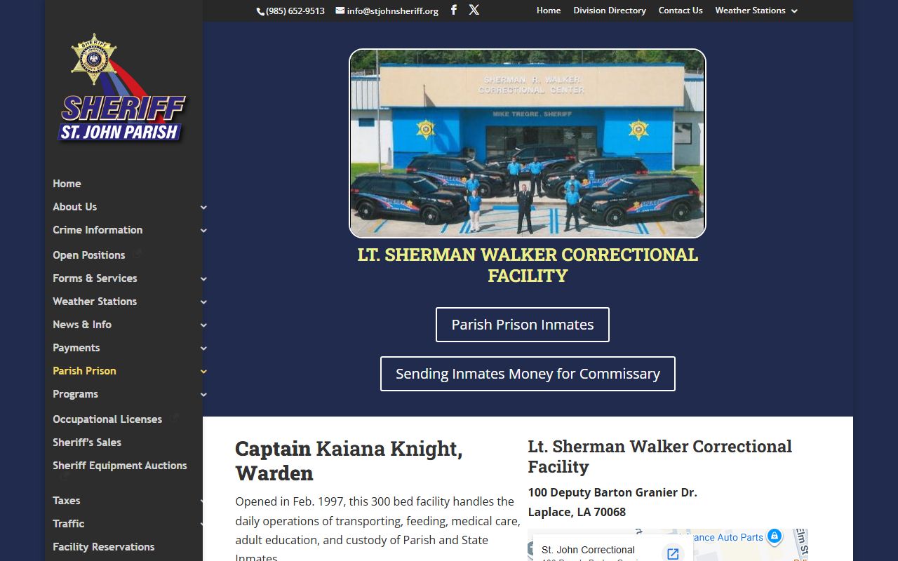 Sheriff page for Lt. Sherman Walker Correctional Facility in St. John the Baptist Parish