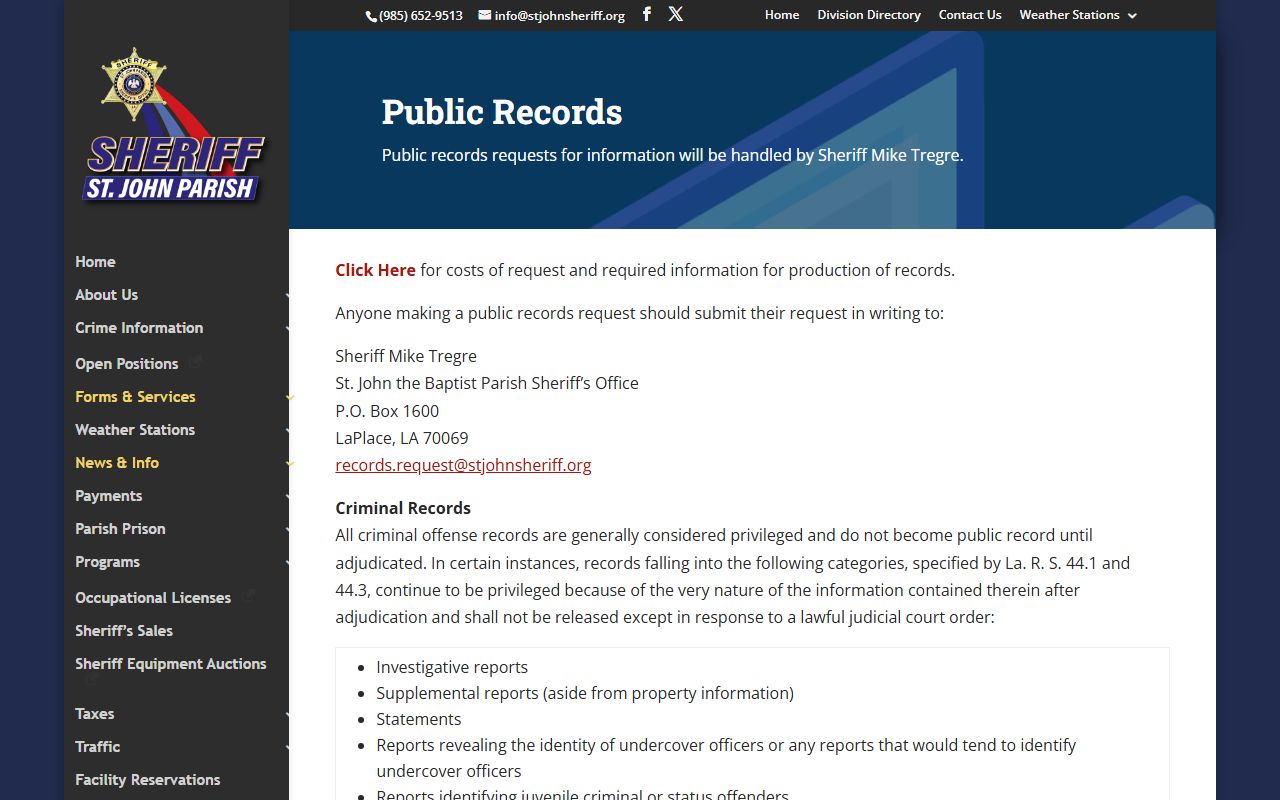 St. John Parish Sheriff's Office public records request instructions